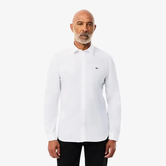 Lacoste Dress Shirt Men's Large 16.5 White Poplin Slim Fit Button-Up RED1310
